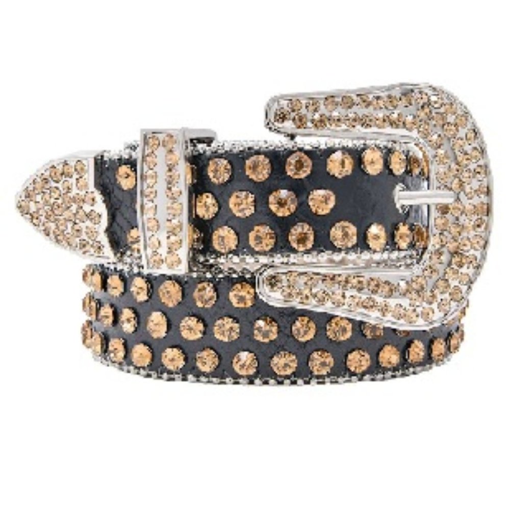 🆕 GENUINE BLACK LEATHER BELT WITH GOLD STONES